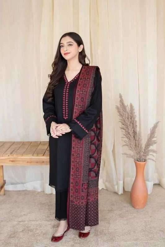 Fcc-883 Black Dhanak Embroidered three piece With Woolen Duppata