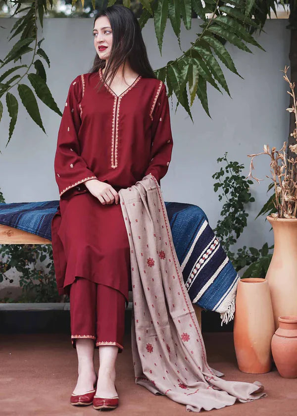 Fcc-449 Mehron Dhanak Embroidered three piece With Dhanak Shawl