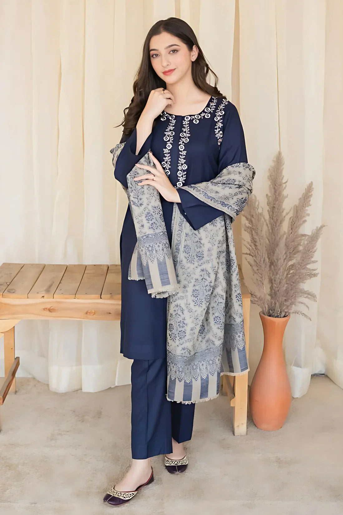Fcc-841 Blue Dhanak Embroidered three piece With Woolen Duppata