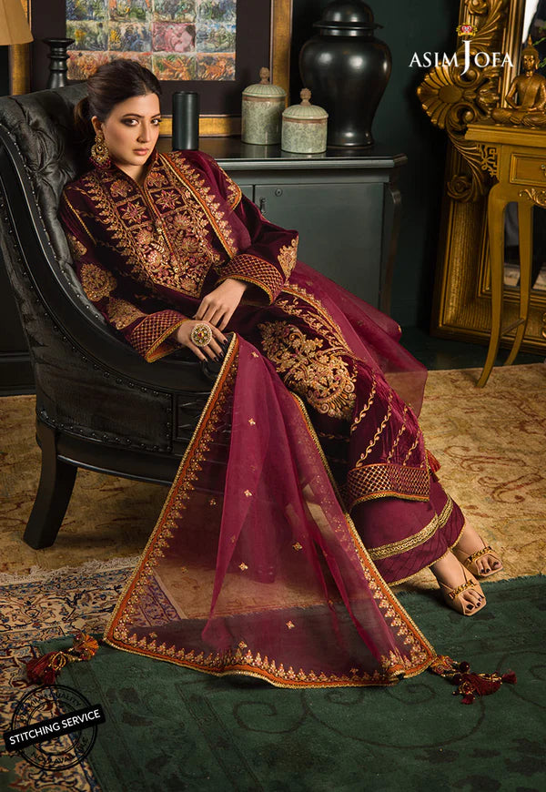 Asim Jofa Velvet Embroiderd Three Piece ZC-738 Mehroon