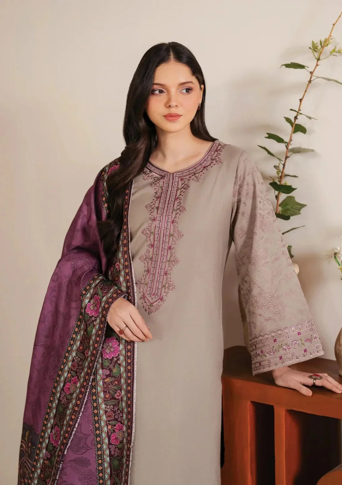 Garnet Embroidered Dahank Three Piece Shahmina