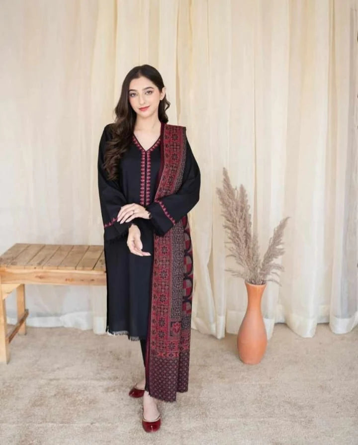 Fcc-883 Black Dhanak Embroidered three piece With Woolen Duppata