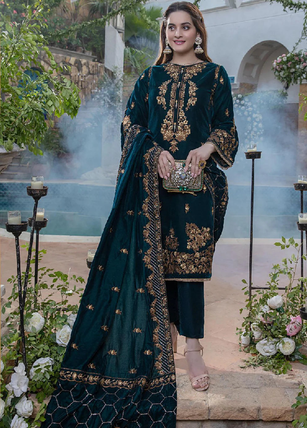 FCC ZC-114 ZINC Embroidered Velvet Three piece With Velvet Shawl Winter Collection