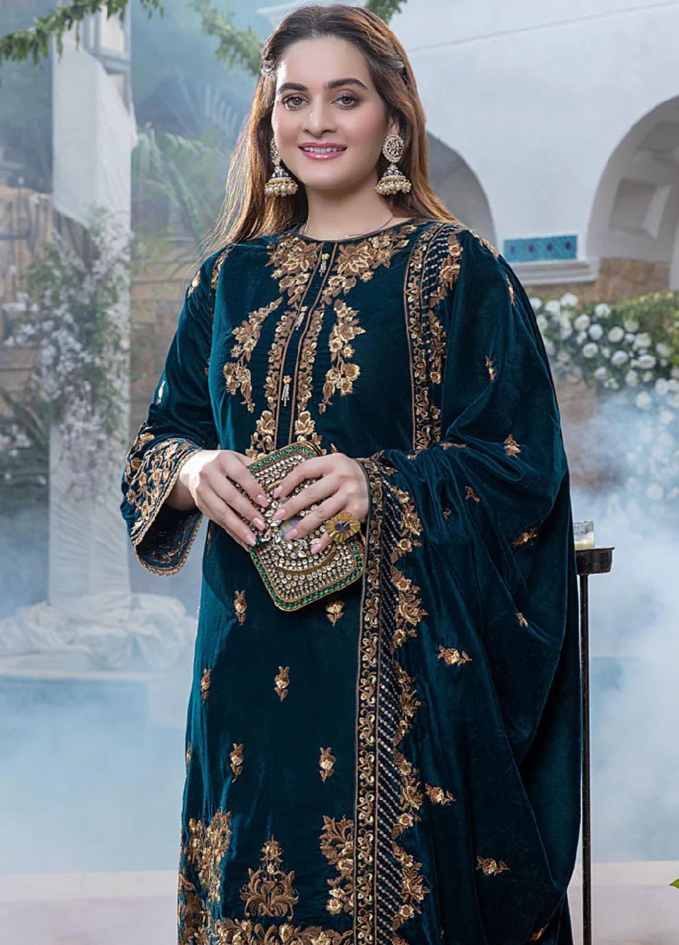 FCC ZC-114 ZINC Embroidered Velvet Three piece With Velvet Shawl Winter Collection