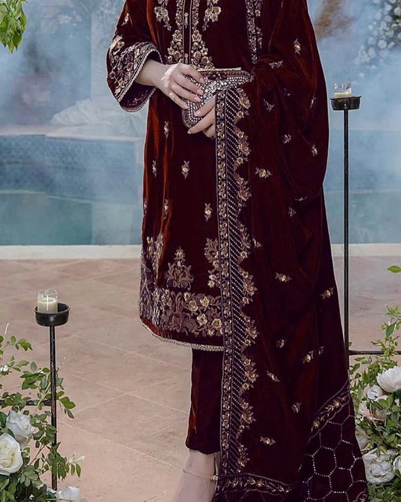 FCC ZC-114 Mehroon Embroidered Velvet Three piece With Velvet Shawl Winter Collection (Copy)