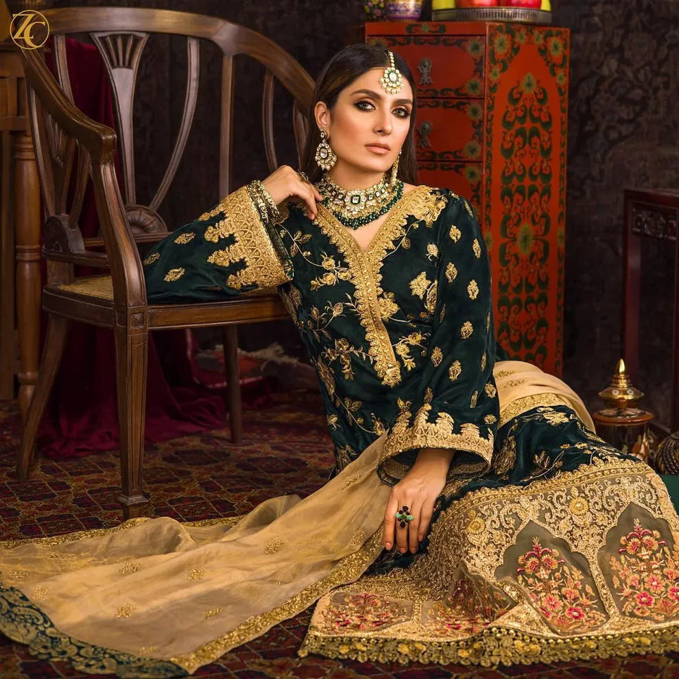 D-107 Green Color Embroidered Velvet Three piece Winter Collection