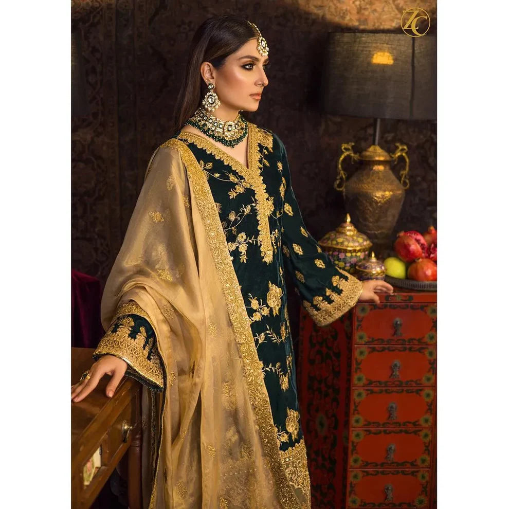 D-107 Green Color Embroidered Velvet Three piece Winter Collection