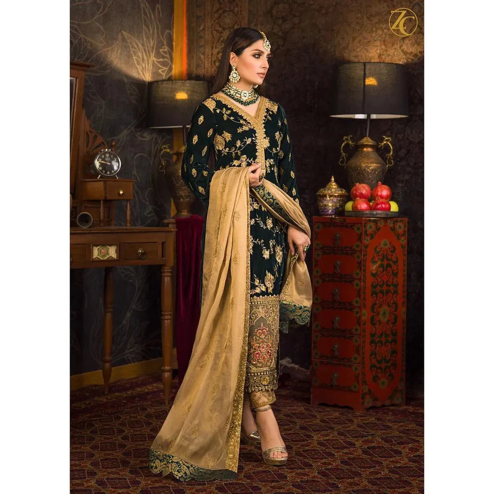 D-107 Green Color Embroidered Velvet Three piece Winter Collection