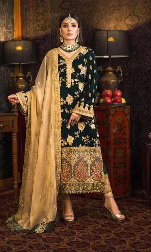 D-107 Green Color Embroidered Velvet Three piece Winter Collection