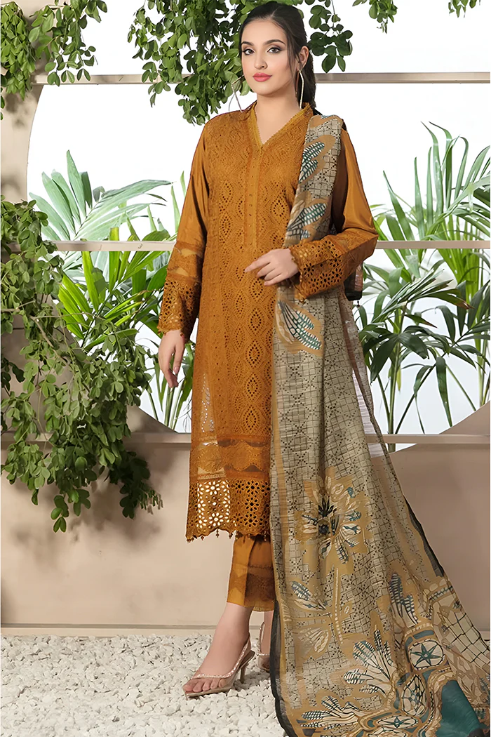Chikenkari lawn Embroidered Three Piece Collection D-762 Musturd