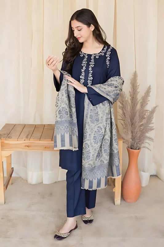 Fcc-841 Blue Dhanak Embroidered three piece With Woolen Duppata