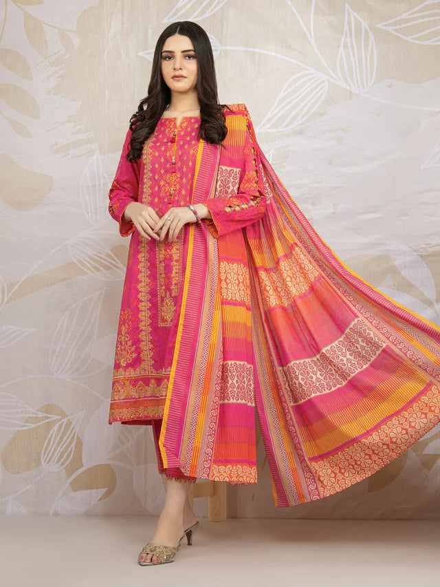 D#718 pink Printed Three Piece Summer Collection