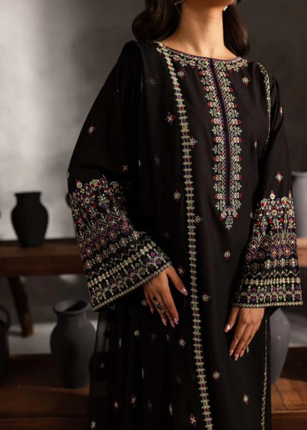 Batik Embroidered Dahank Three Piece BT-204 Black