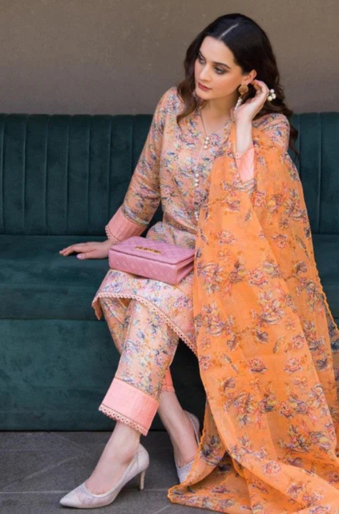 Aiman Closet AC-03 Peach Printed Airjet Viscous Silk Three Piece