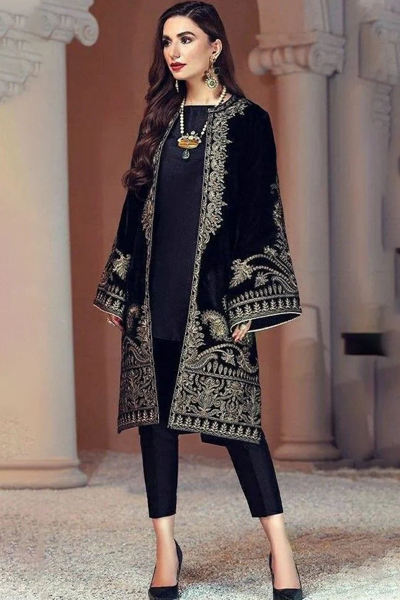 MariaB D-472 Black Color Embroidered Velvet two piece Winter Collection