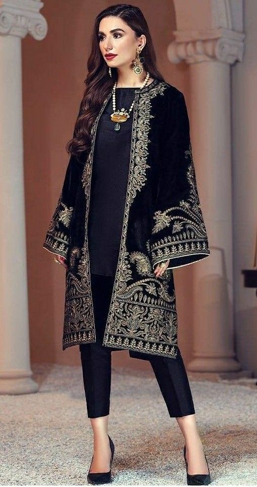 MariaB D-472 Black Color Embroidered Velvet two piece Winter Collection