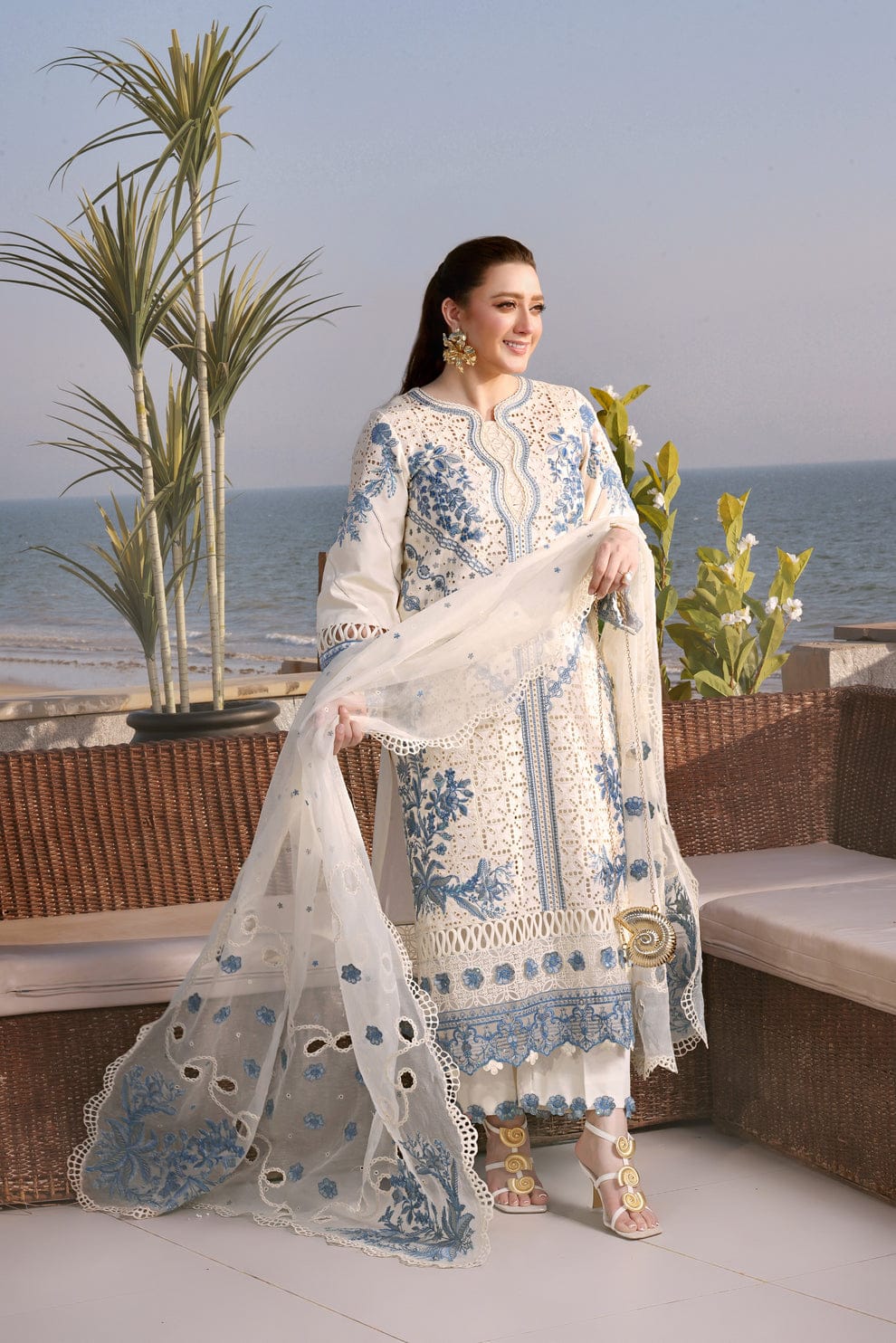 Aneela’s White Luxury Lawn Chikenk-Kari Embroidered Three Piece AN-6165