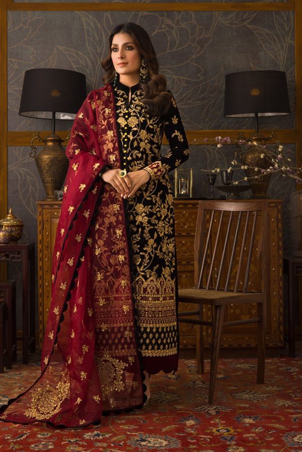 D-107 Black Color Embroidered Velvet Three piece Winter Collection
