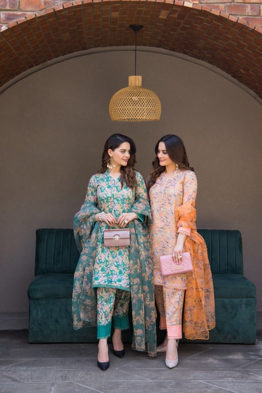 Aiman Closet AC-03 Peach Printed Airjet Viscous Silk Three Piece