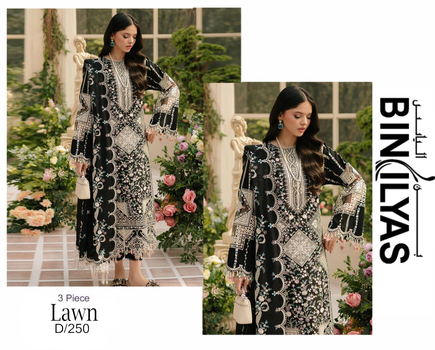 BIN ILYAS Lawn Chikenk-Kari Embroidered Three Piece BIL-002 Black