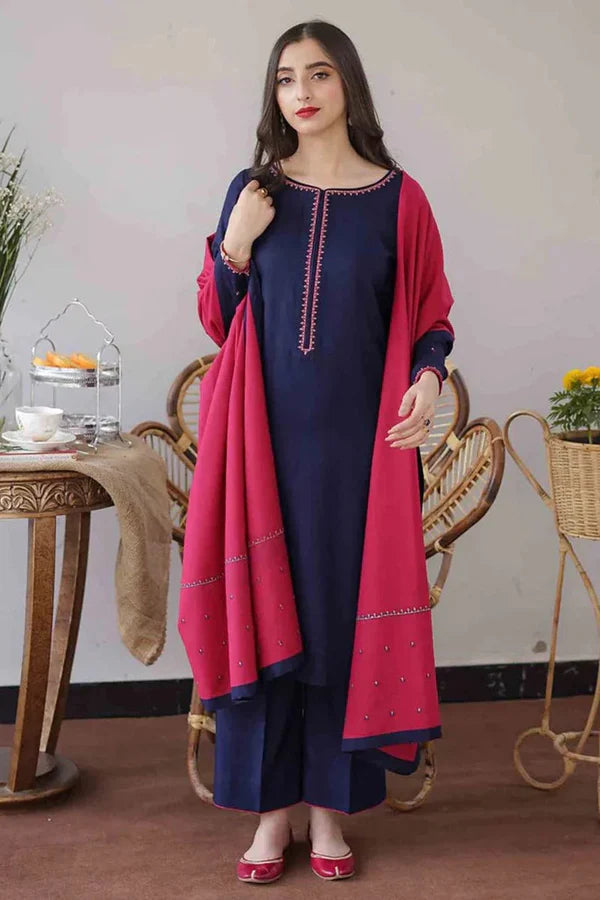 Fcc-480 (Blue Dhanak) Embroidered three piece With Dhanak Duppata