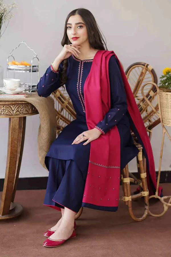 Fcc-480 (Blue Dhanak) Embroidered three piece With Dhanak Duppata