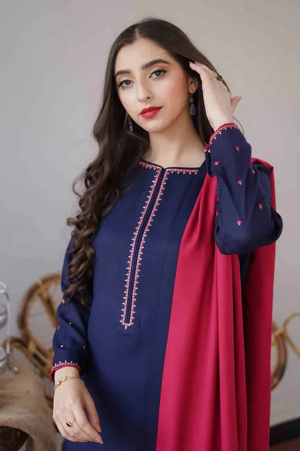 Fcc-480 (Blue Dhanak) Embroidered three piece With Dhanak Duppata