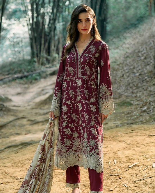 Asim jofa Lawn Embroiderd Three piece Mehroon AJM-01
