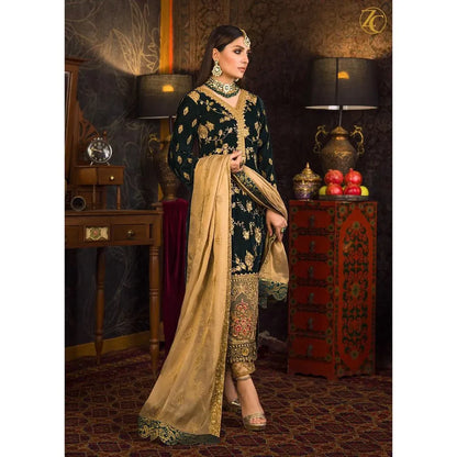 D-107 Green Color Embroidered Velvet Three piece Winter Collection