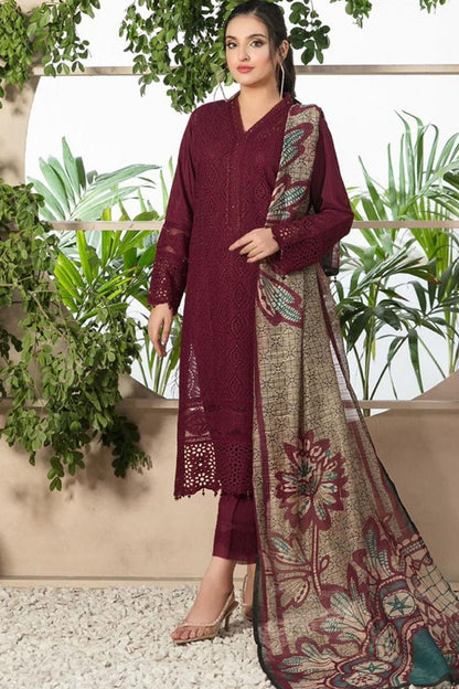 ZAINAB CHOTANI-3PC CHIKENKARI LAWN EMBROIDERED SHIRT WITH MONARK PRINT DUPATTA & TROUSER-ADR-4052 MEHROON