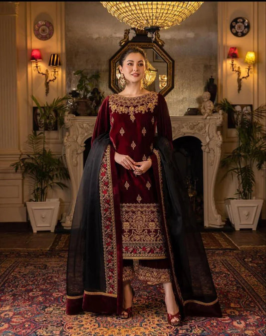 Qalamkar Velvet Embroidered Three Piece QL-110