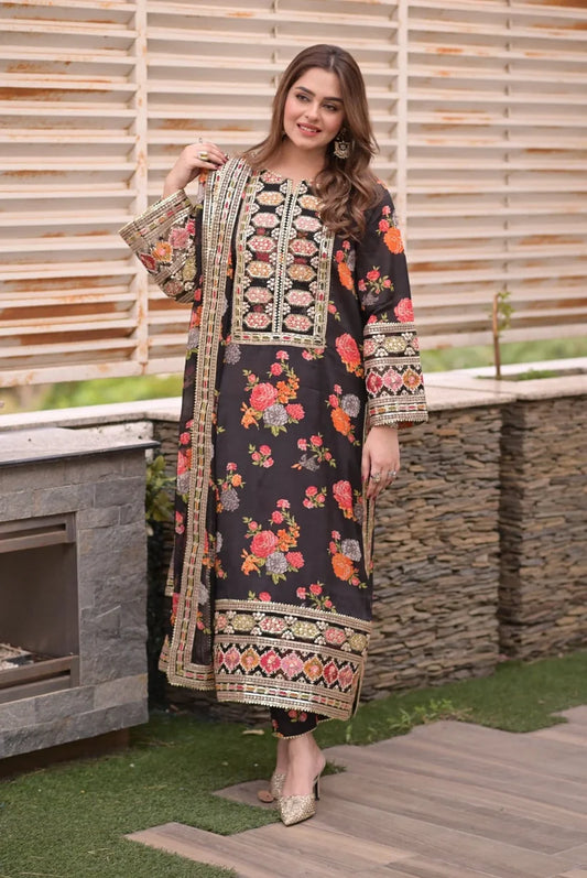 ZC--1001 (Black) Printed Airjet Shamoz Silk Three Piece