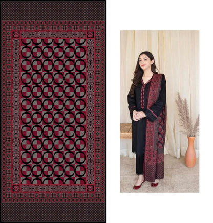 Fcc-883 Black Dhanak Embroidered three piece With Woolen Duppata