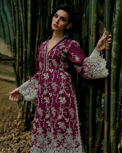 Asim jofa Lawn Embroiderd Three piece Mehroon AJM-01