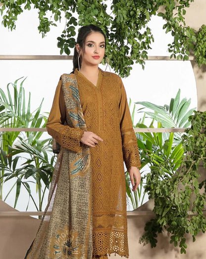 ZAINAB CHOTANI-3PC CHIKENKARI LAWN EMBROIDERED SHIRT WITH MONARK PRINT DUPATTA & TROUSER-ADR-4052 MUSTERD