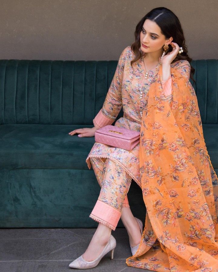 Aiman Closet AC-03 Peach Printed Airjet Viscous Silk Three Piece