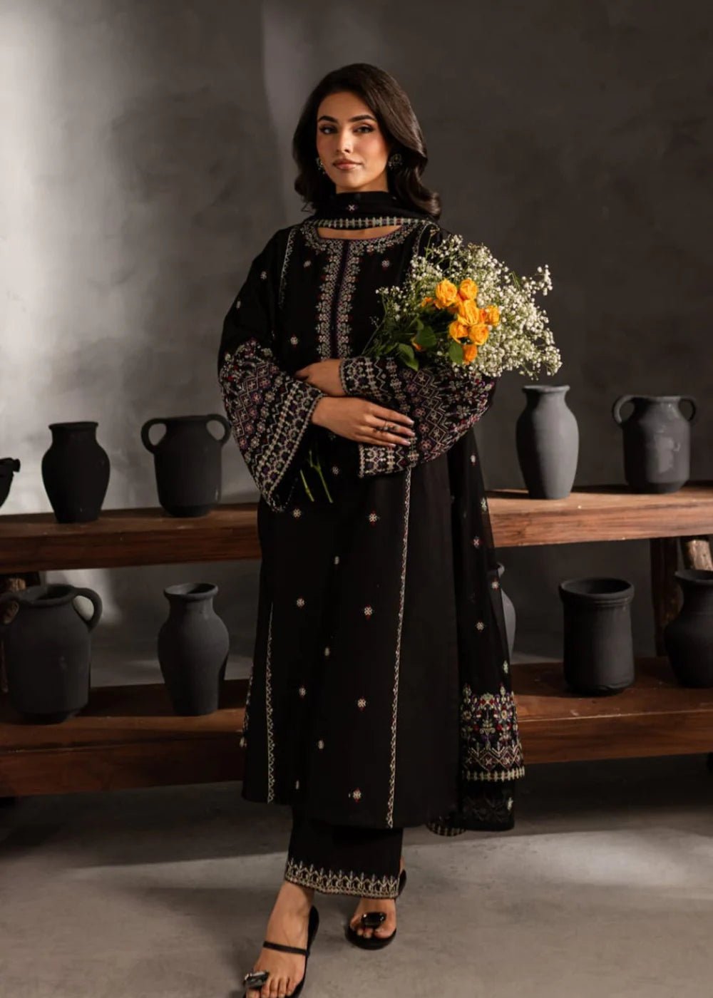 Batik Embroidered Dahank Three Piece BT-204 Black