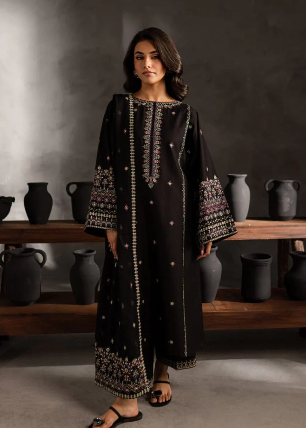 Batik Embroidered Dahank Three Piece BT-204 Black