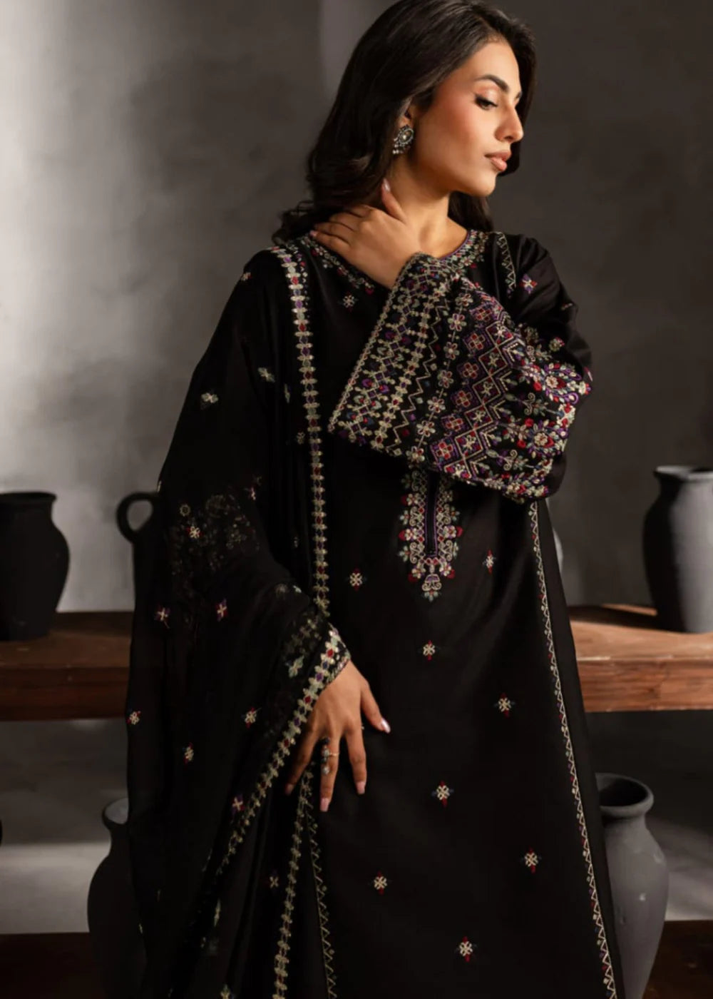 Batik Embroidered Dahank Three Piece BT-204 Black