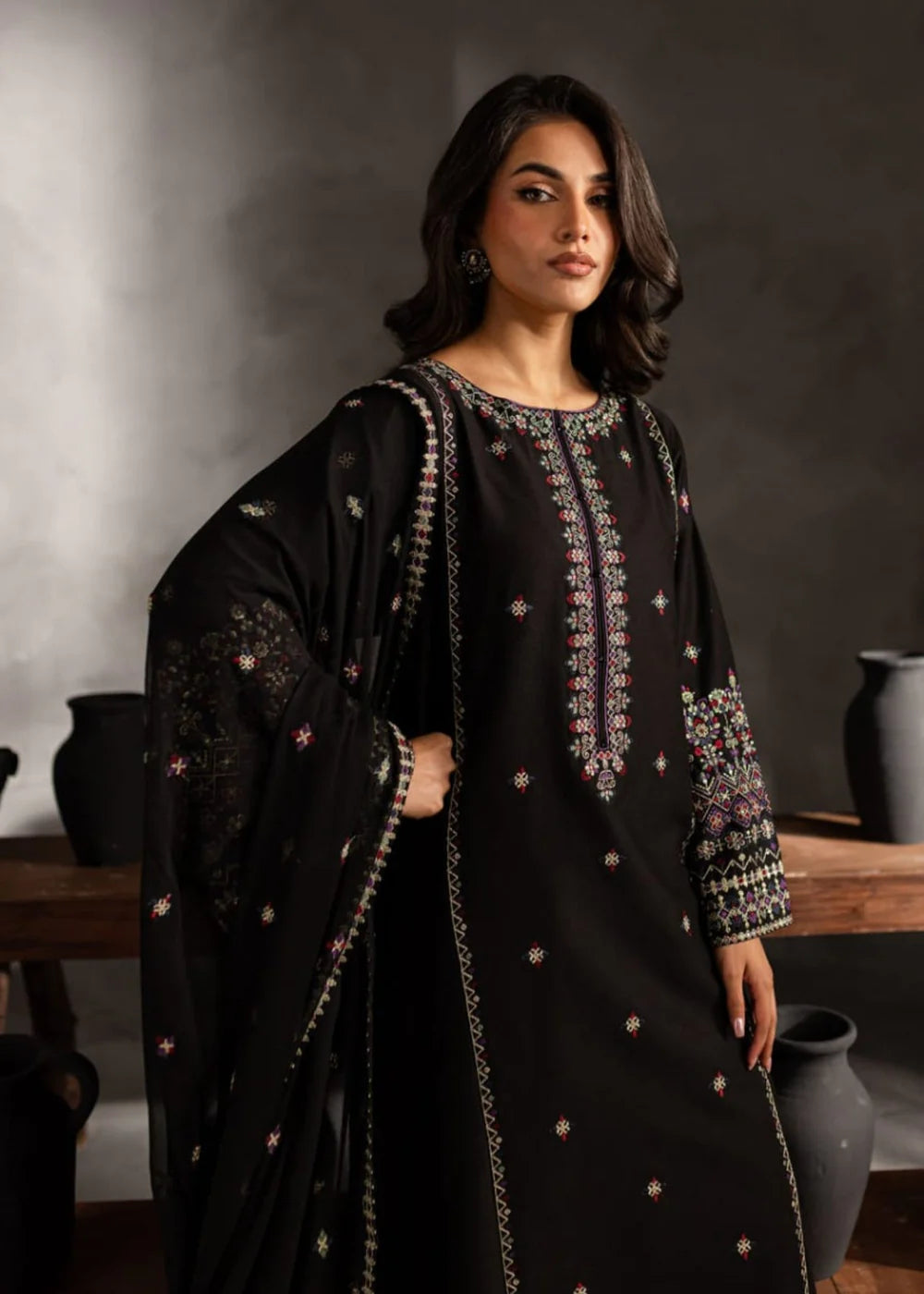 Batik Embroidered Dahank Three Piece BT-204 Black