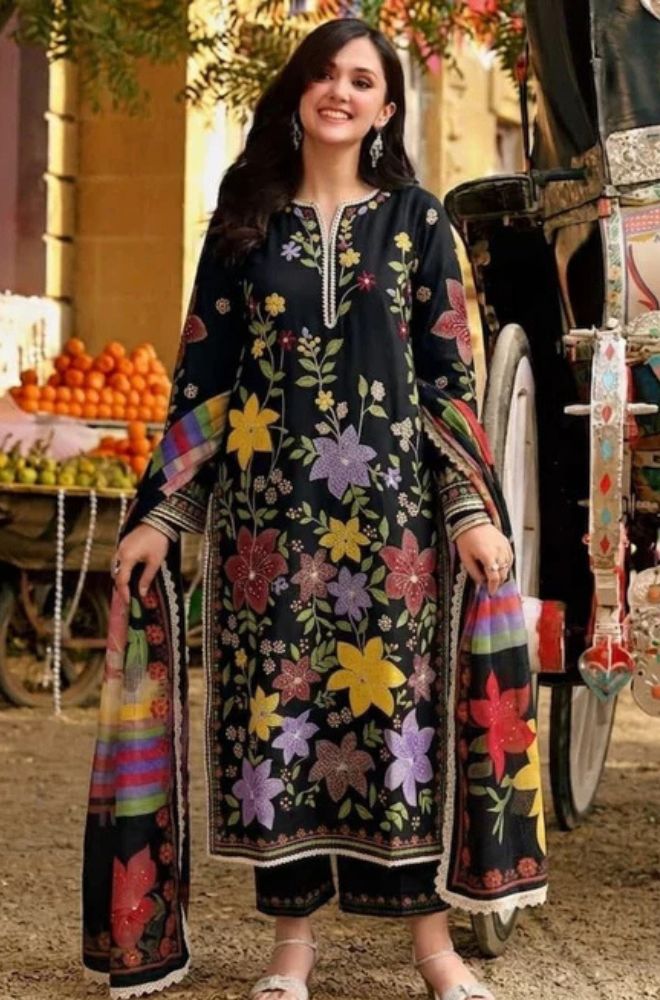 Aneelas Embroidered lawn Three Piece AN-11 Black