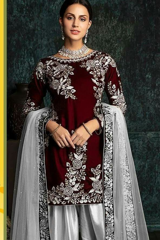 Zainab Chottani Velvet Embroiderd Three Piece ZC-42 Mehroon