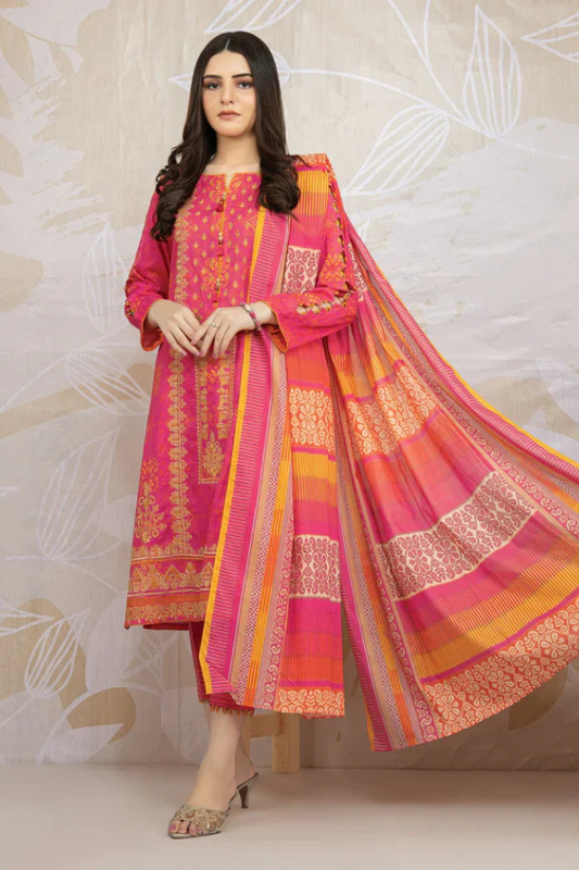 D#718 pink Printed Three Piece Summer Collection