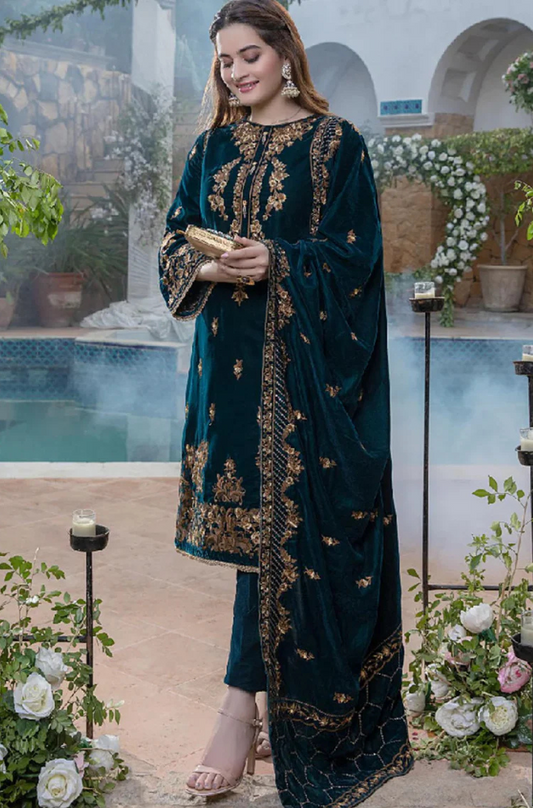 FCC ZC-114 ZINC Embroidered Velvet Three piece With Velvet Shawl Winter Collection