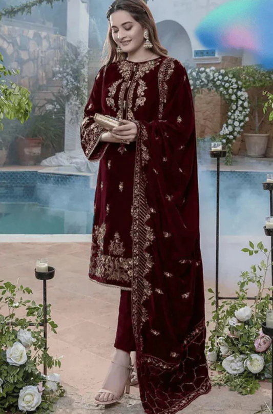 FCC ZC-114 Mehroon Embroidered Velvet Three piece With Velvet Shawl Winter Collection (Copy)