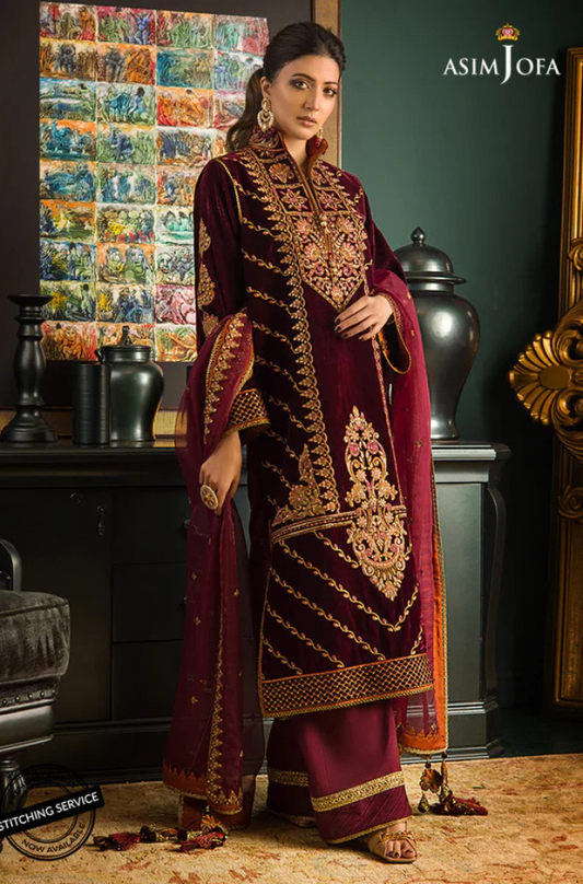 Asim Jofa Velvet Embroiderd Three Piece ZC-738 Mehroon