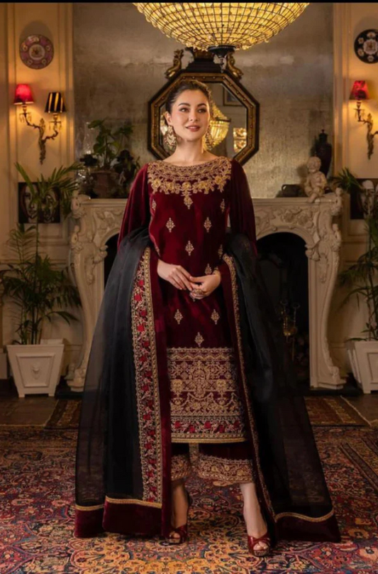 Qalamkar Velvet Embroidered Three Piece QL-110