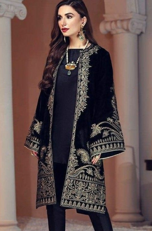 MariaB D-472 Black Color Embroidered Velvet two piece Winter Collection