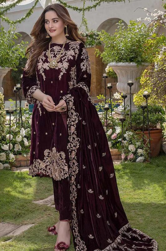 Zainab Chottani Velvet Embroidered Three Piece ZC-111 Mehroon