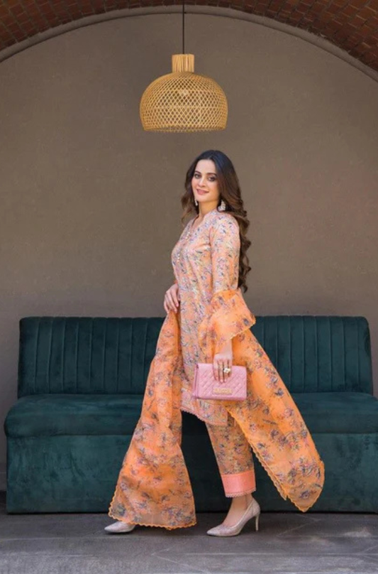 Aiman Closet AC-03 Peach Printed Airjet Viscous Silk Three Piece